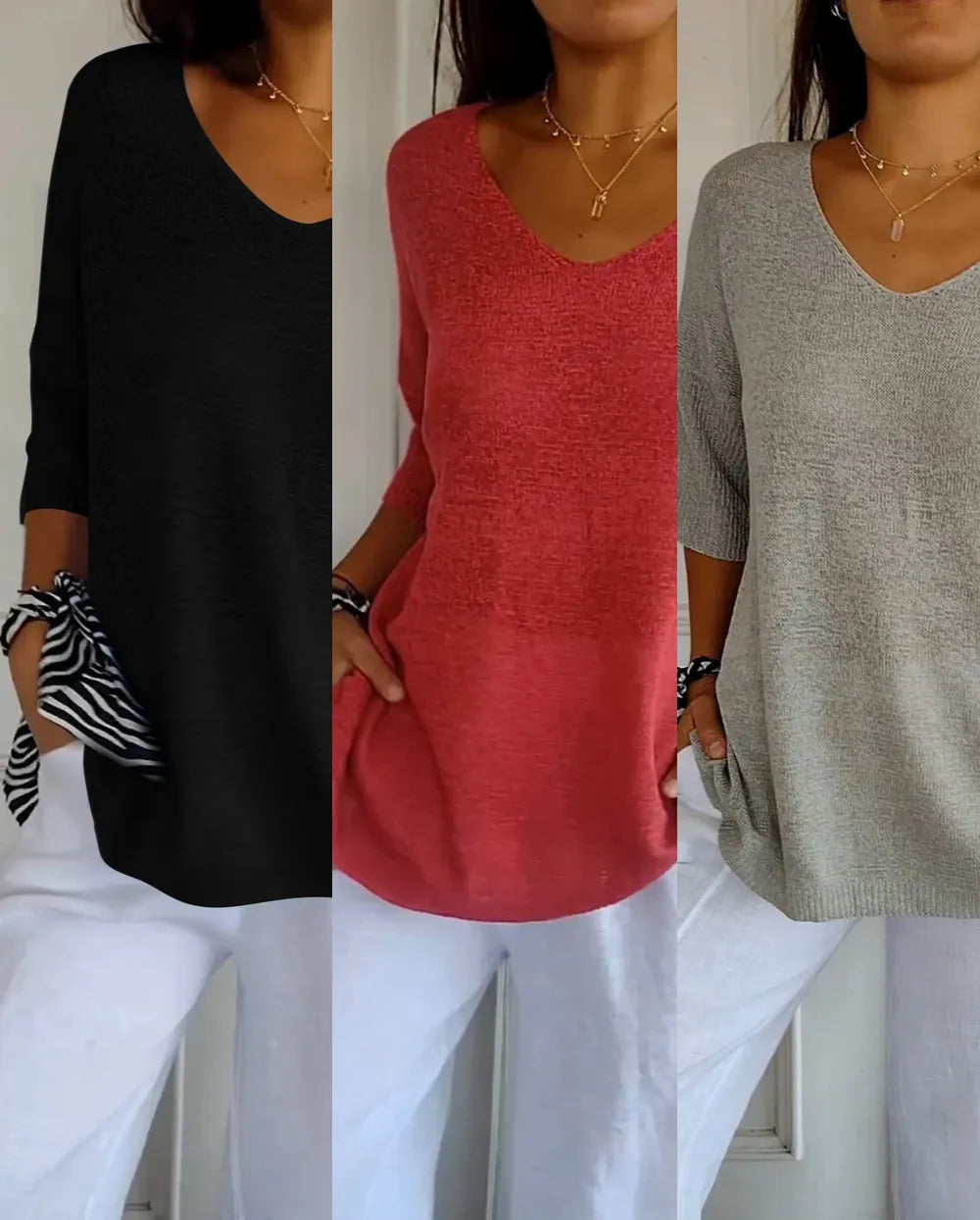 Kit 3 Blusas Luna® em Malha Leve – Decote V